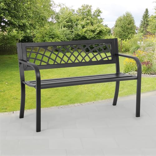 Iron Steel Frame Patio Bench with Mesh Pattern and Plastic Backrest Armrests, Black O36891