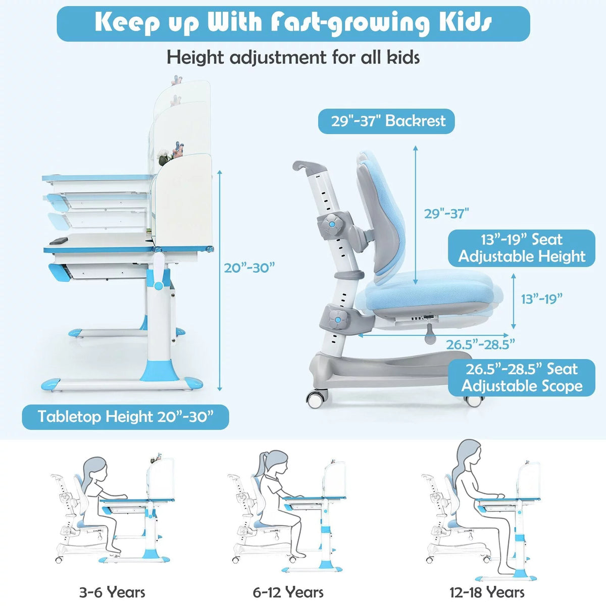 Blue Adjustable Kids Study Desk and Chair Set H9004