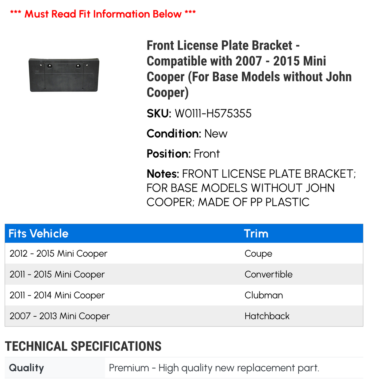 Front License Plate Bracket for Mini Cooper U642