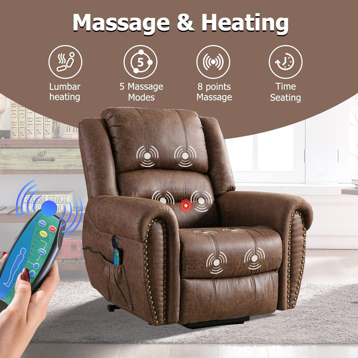 Brown Leather Oversized Power Lift Reclining Sofa D764
