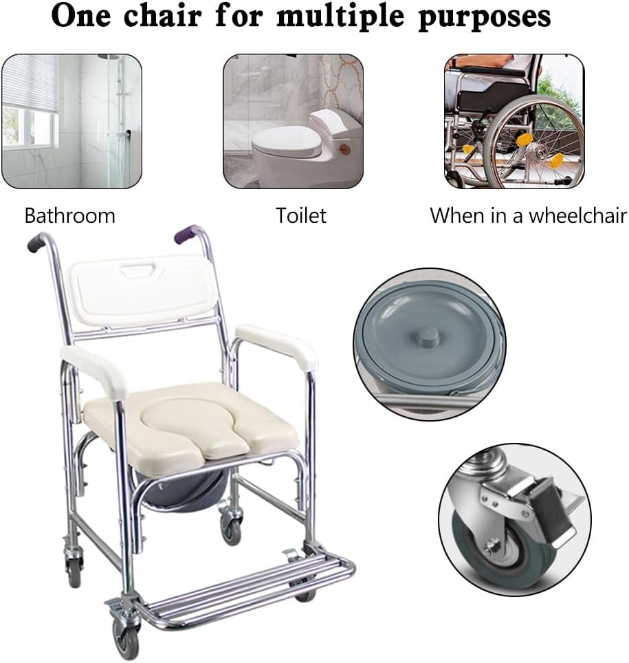 Multifunction Wheeled Mobile Toilet Commode Shower Chair Wheelchair with Wheels H316467