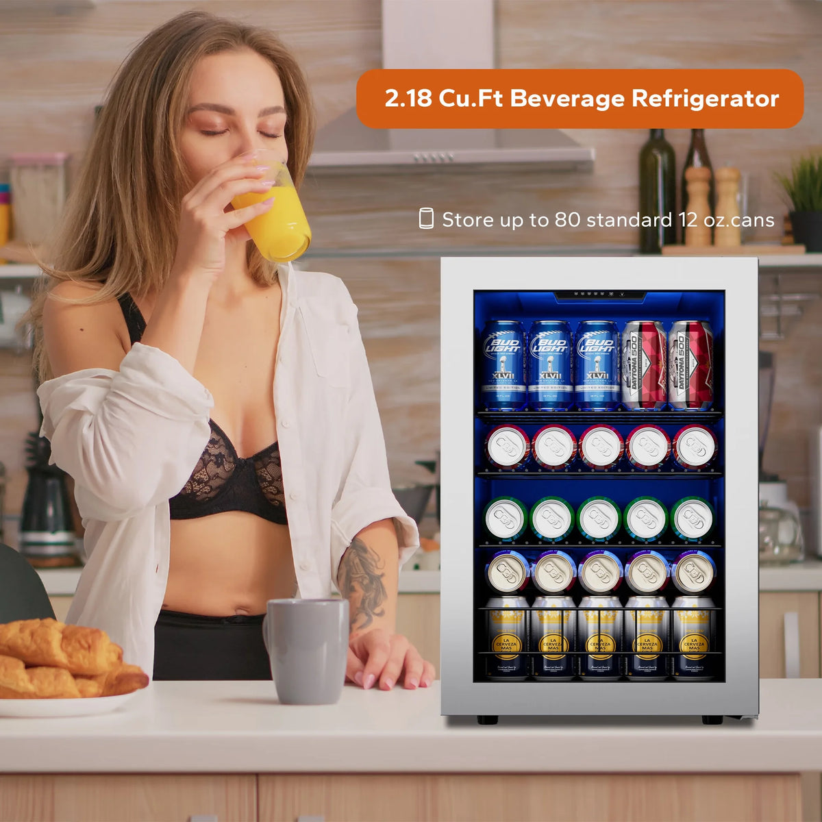 Freestanding Beverage Refrigerator Cooler, 77 Can Glass Door U16051