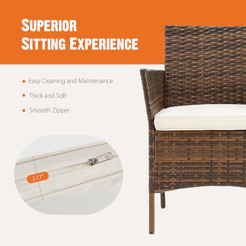 3 Pieces Wicker Rattan Patio Furniture Set with Cushion and Glass Table C2733