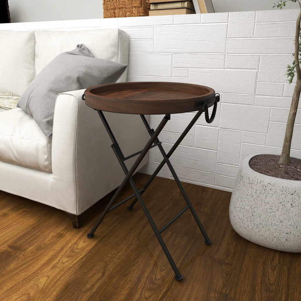 20" x 28" Black Metal Accent Table with Brown Wood Top V665753