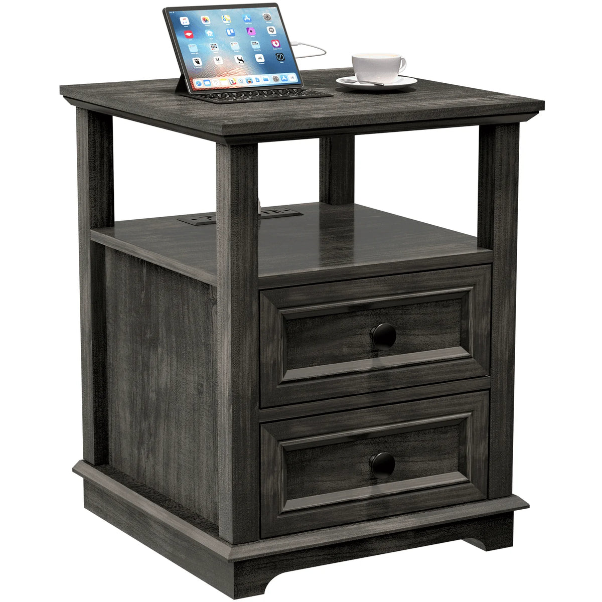 24” Tall End Table with USB C Charging Station, 2 Drawers, Black J8846