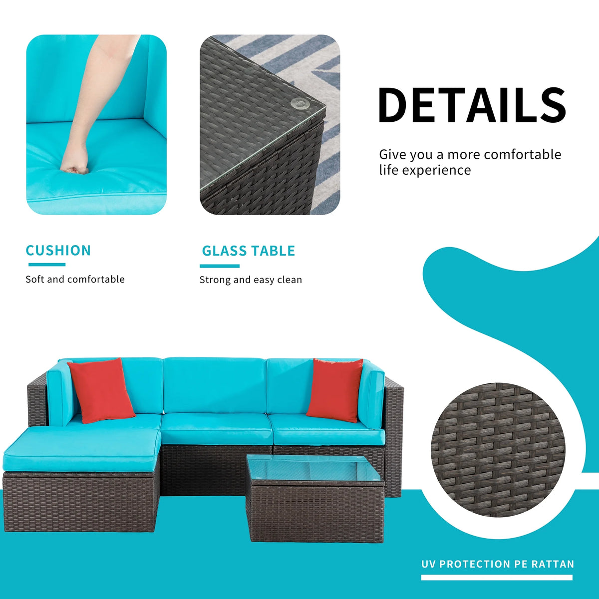 5 Pieces All-Weather PE Rattan Wicker Patio Sofa Set E34780