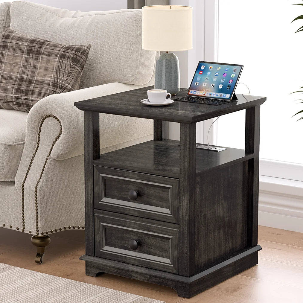 24” Tall End Table with USB C Charging Station, 2 Drawers, Black J8846
