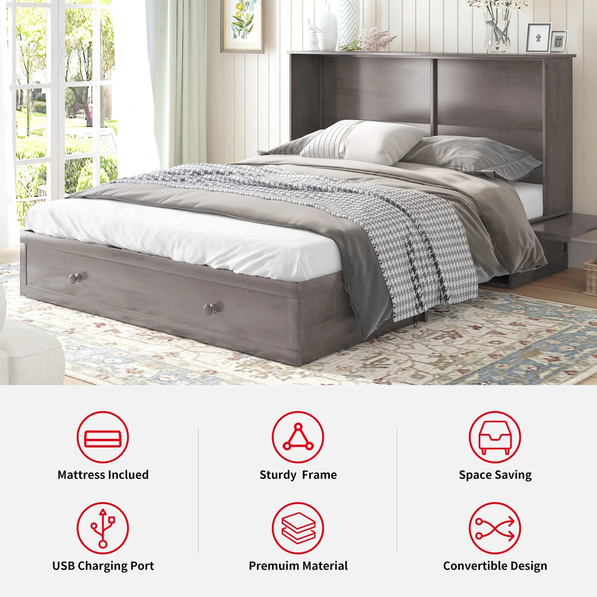 Queen Size Murphy Bed Chest with Foam Mattress X630348