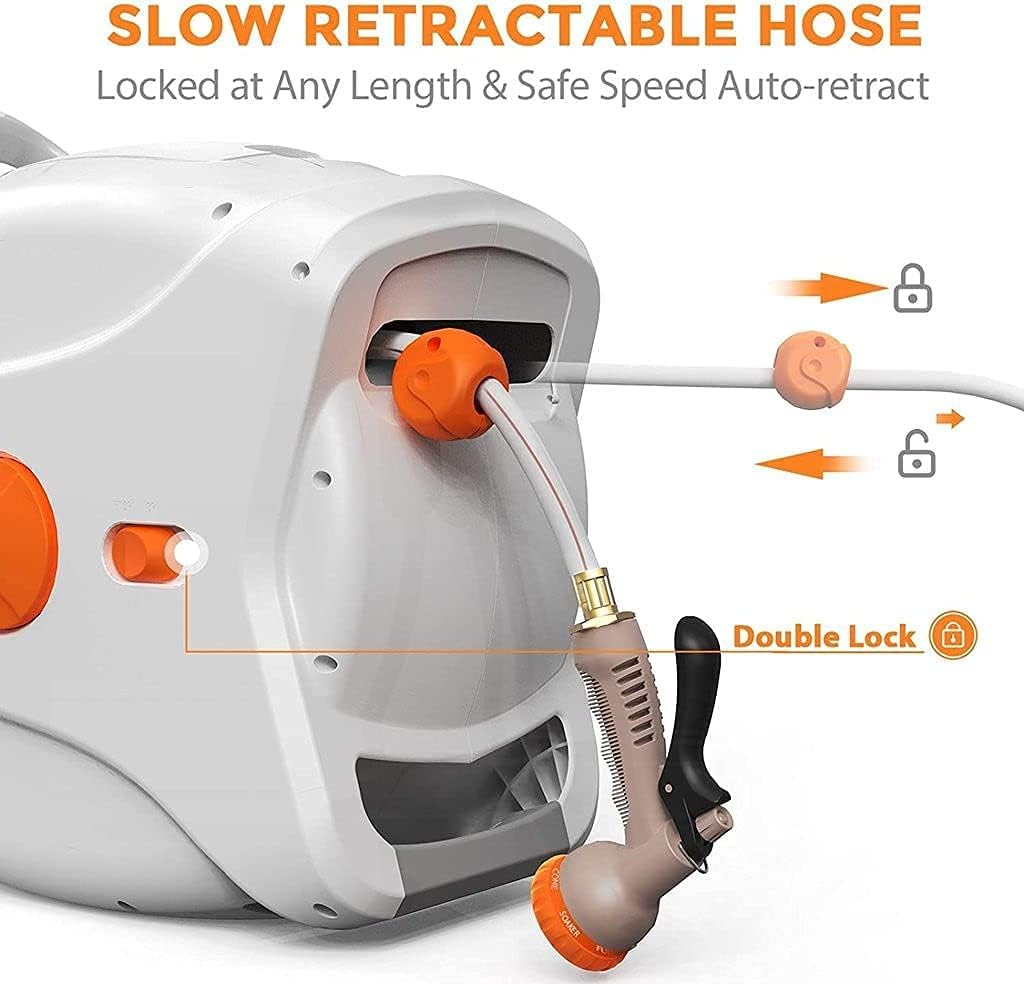 Wall Mount Retractable Garden Hose Reel, 82 FT 5/8 Inch, 8 Patterns Nozzles, Brass Connector S7905