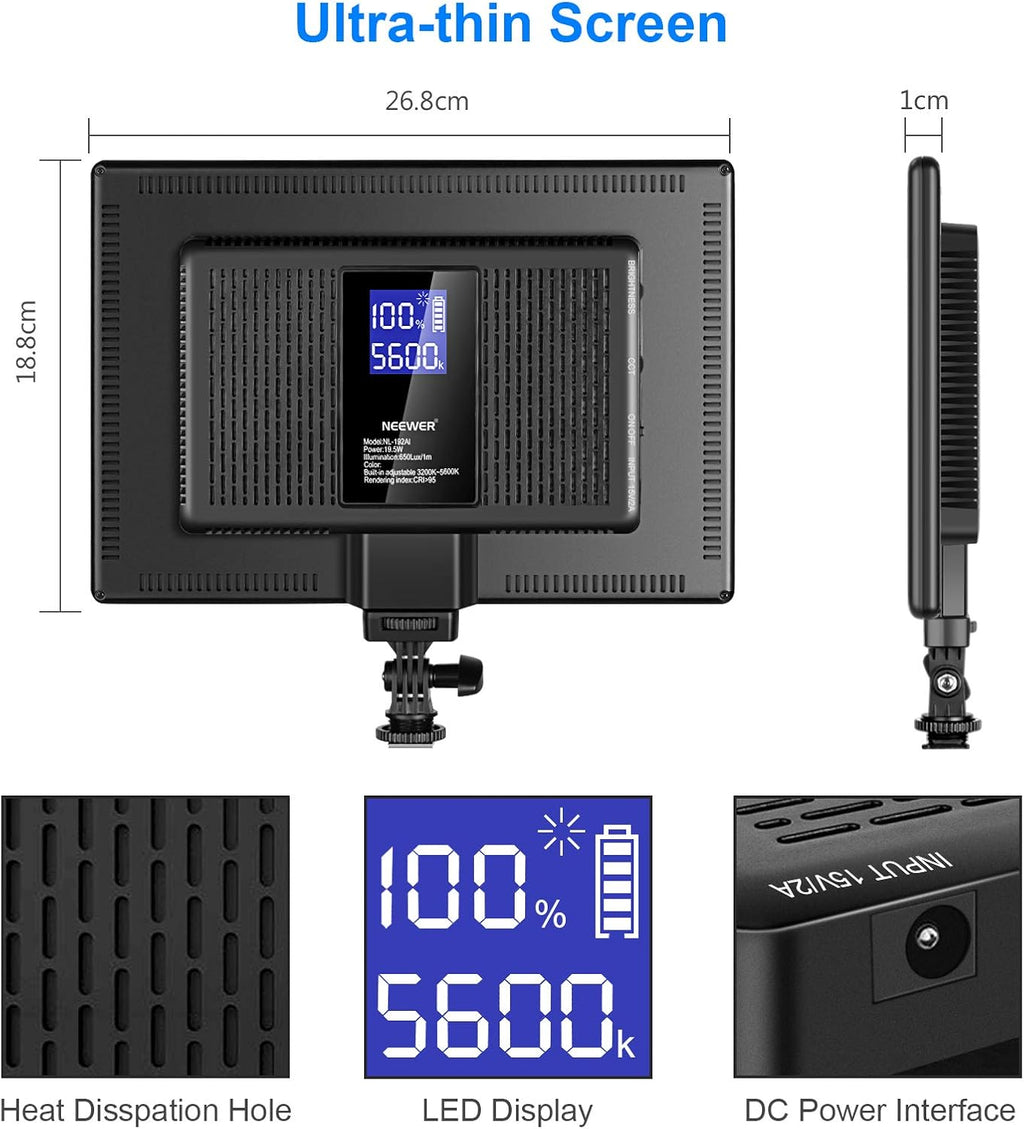 Ultra-Thin LED Soft Light Panel with LCD Display, Dimmable Bi-Color 3200-5600K CRI95+ On Camera Video Light I23405