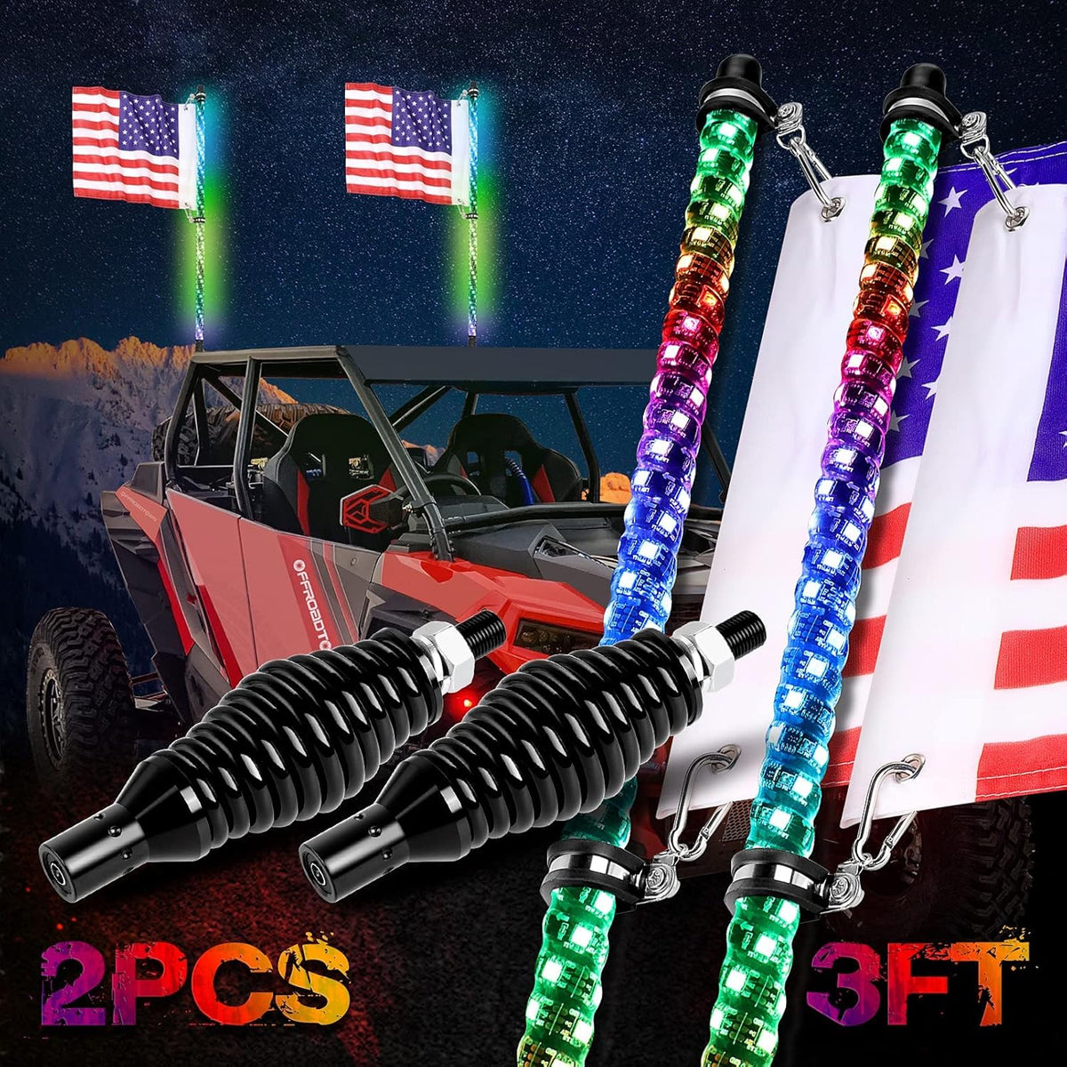 2PCS 3FT RGB LED Whip Lights with Spring Base RF Remote Controlled I648145