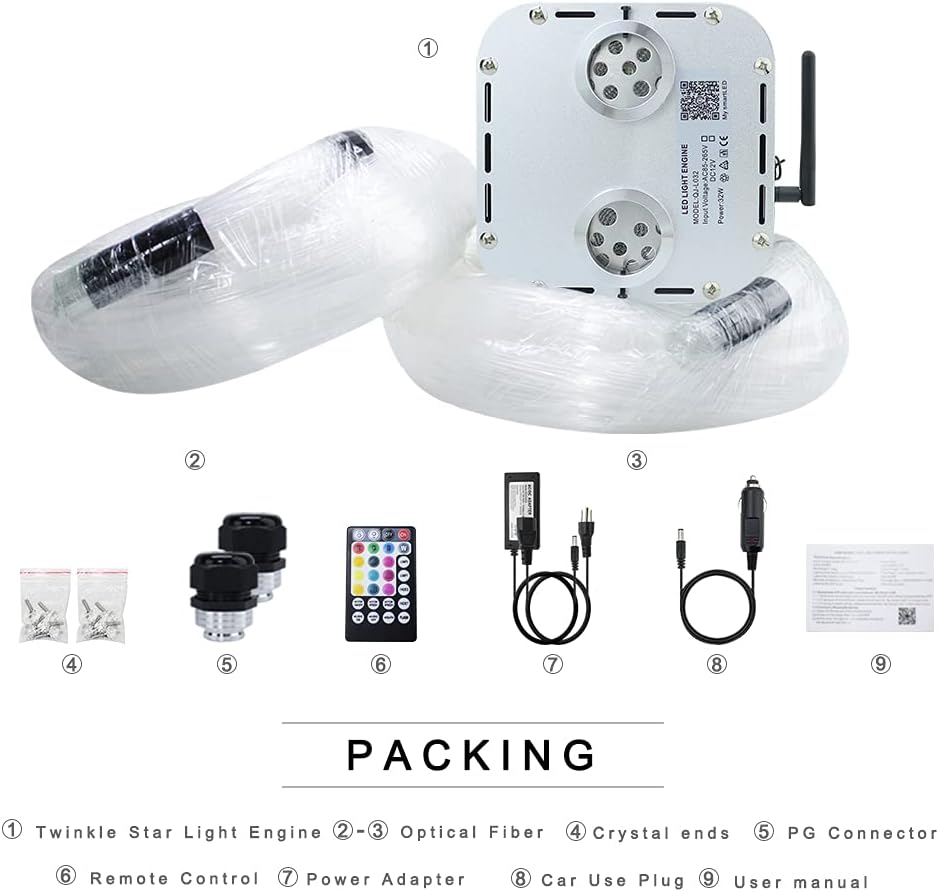 32W Dual Head Fiber Optic Lights Kit with 2000pcs 16.4ft Optical Fiber Cable and 28key Remote E8348