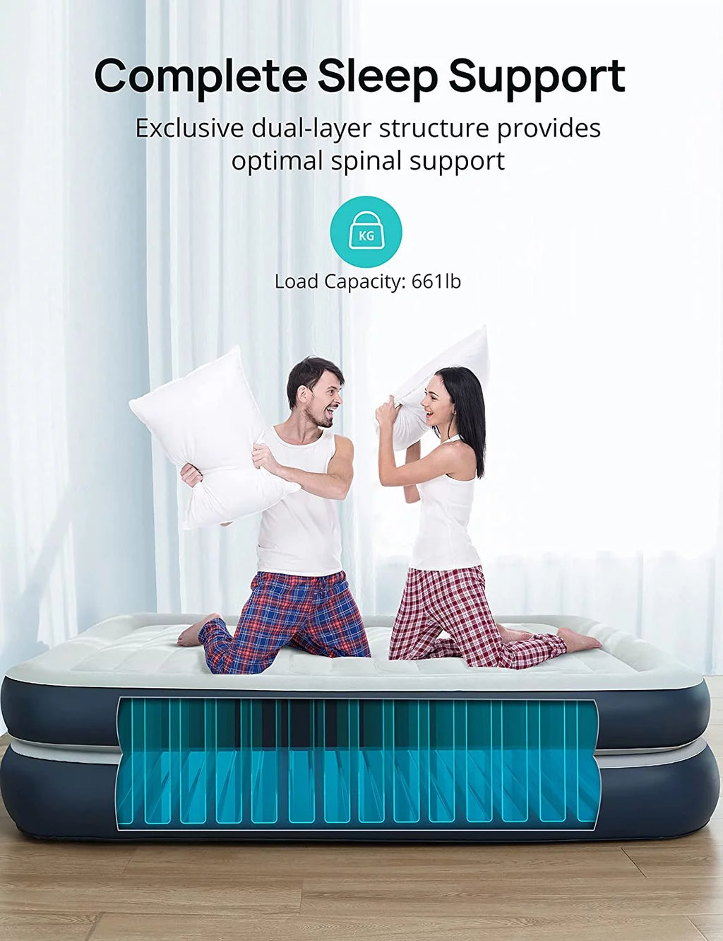 Full Size Air Mattress with Built in Pump 18'' Inflatable Blue M479975