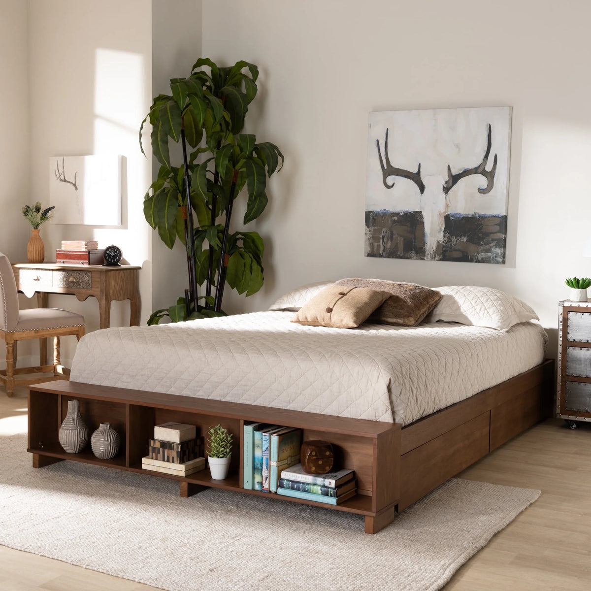 Ash Walnut Brown Wood Full Size Platform Bed with Built-In Shelves U5322