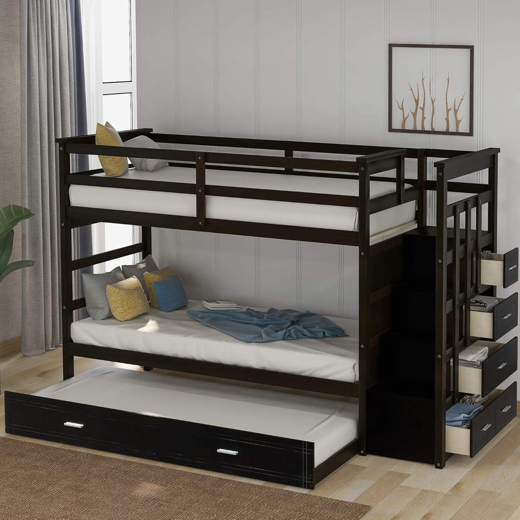Twin-Over-Twin Wood Bunk Bed with Trundle, 4 Storage Drawers and Staircase H3675