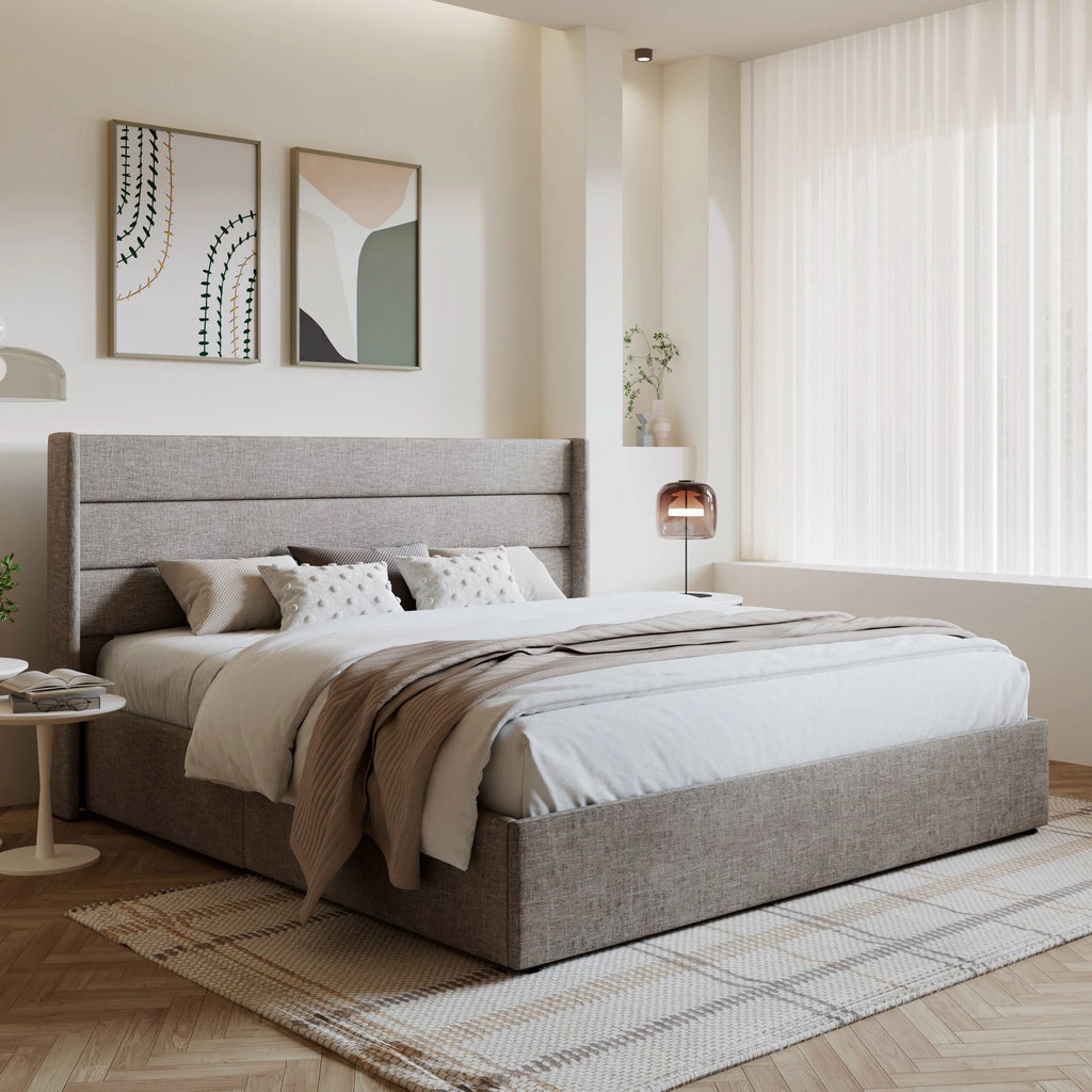 King Size Upholstered Storage Platform Bed Frame with Wingback Headboard T694866