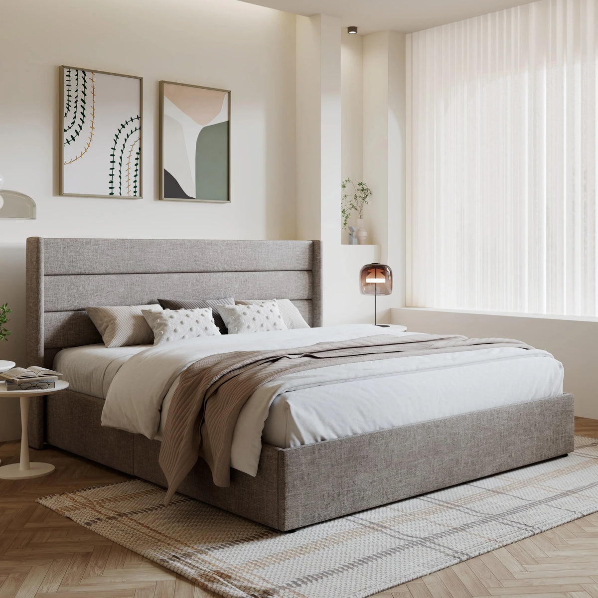 King Size Upholstered Storage Platform Bed Frame with Wingback Headboard T694866