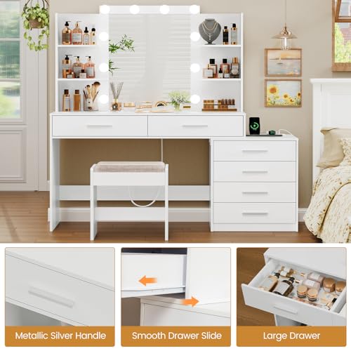 Large White Vanity Desk with Lighted Mirror and Power Outlet Q96852