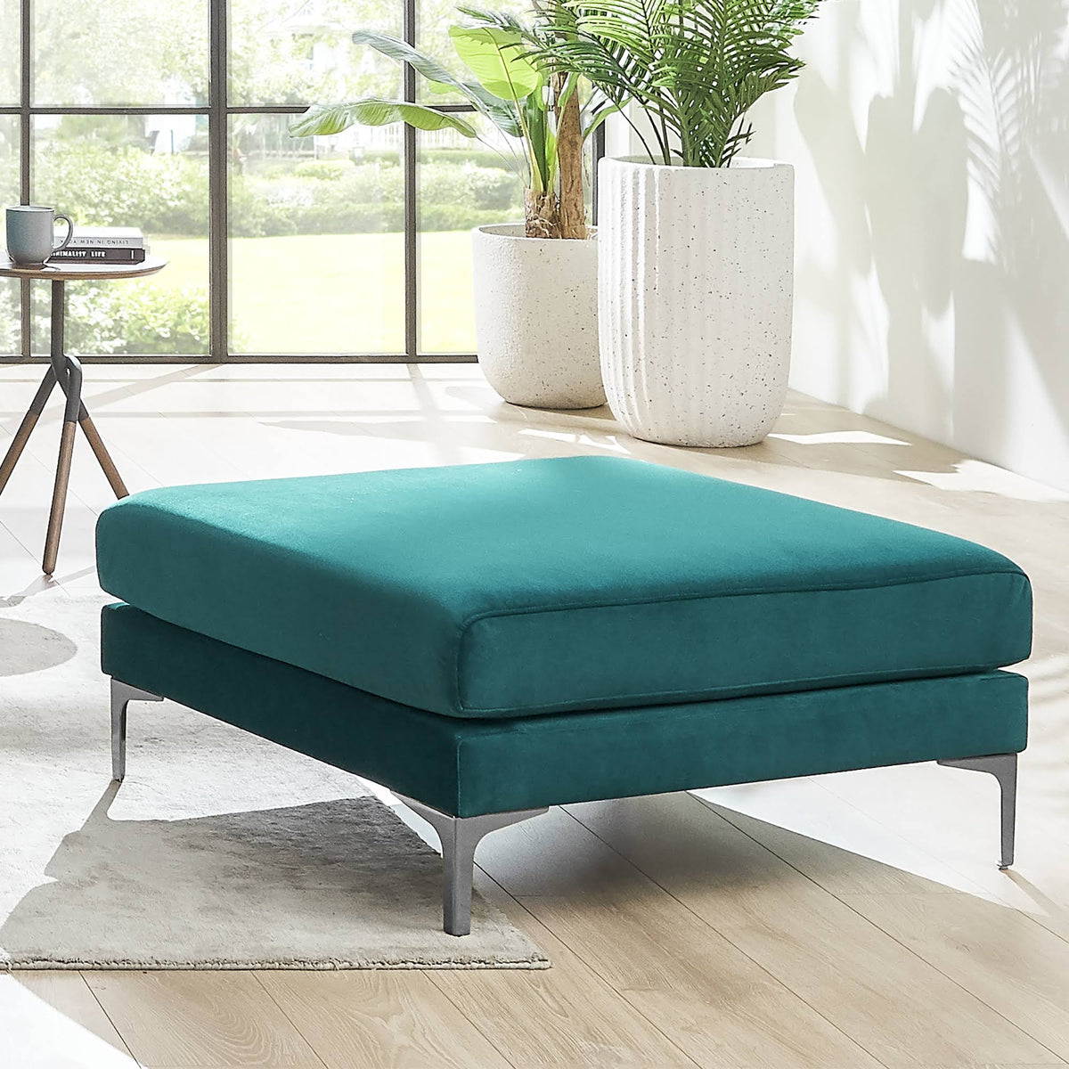 Teal Velvet Ottoman with Silver Leg A696