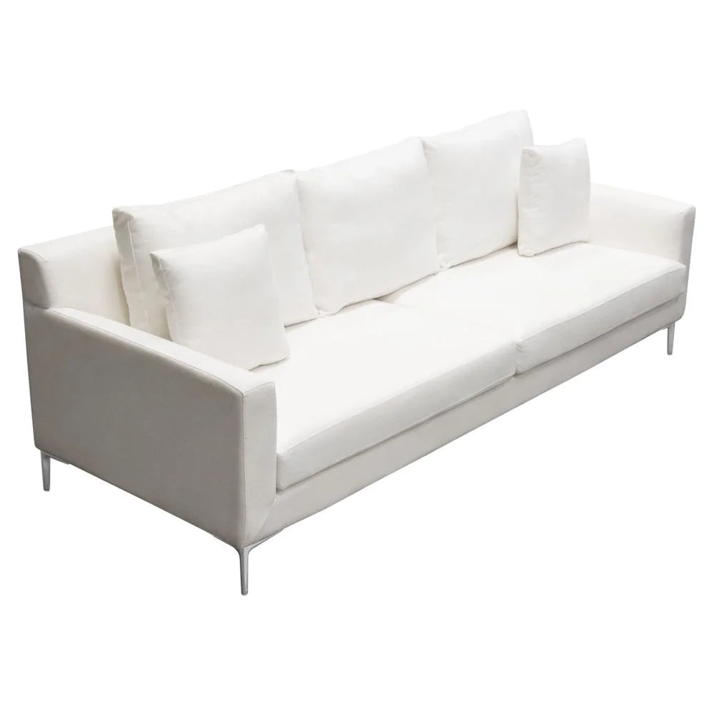 White Linen Sofa with Polished Silver Metal Leg T958