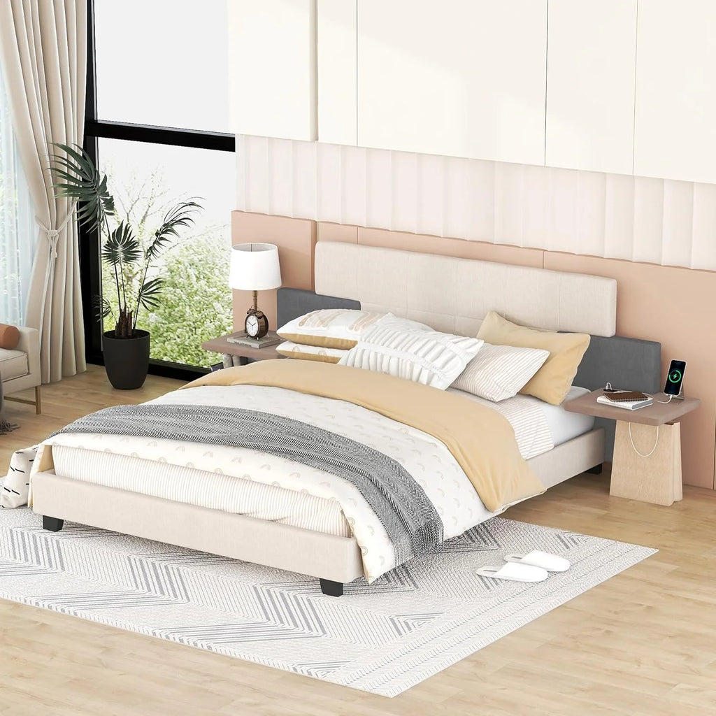 Queen Size Upholstered Platform Bed with Bedside Shelves and USB Charging D647045