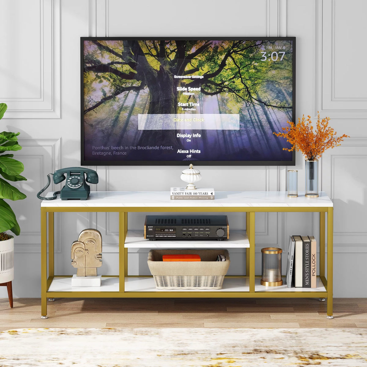 59" 3 Tier TV Stand with Open Storage Shelves B63070