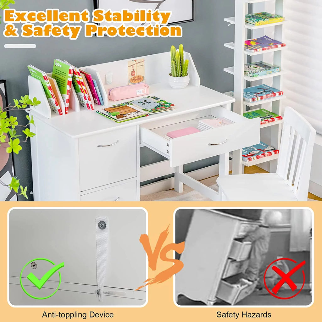Kids Wooden Desk and Chair Set with Drawer & Storage Cabinets C368517
