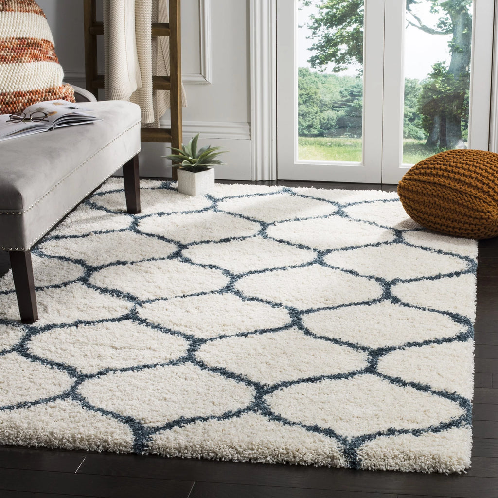 Ivory Slate Blue Geometric Shag Area Rug 7' x 7' Square T244