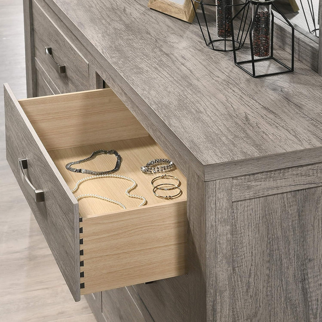 Weathered Gray Wood Queen Panel Bed, Dresser, Mirror, Nightstand, Chest M2510