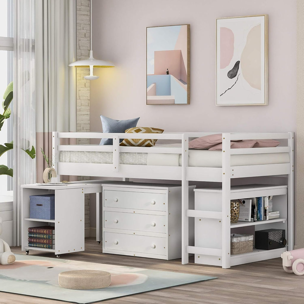 Twin Wood Loft Bed with Cabinet and Study Desk R730686