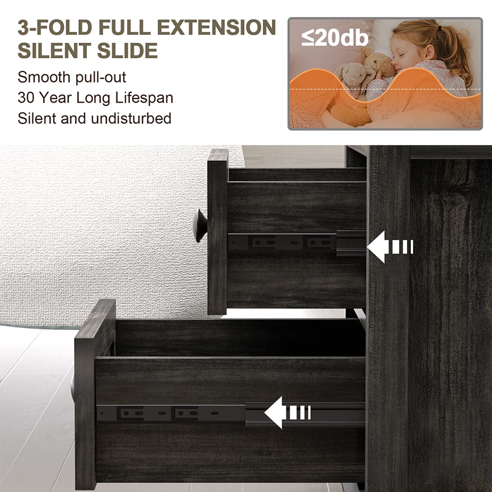24” Tall End Table with USB C Charging Station, 2 Drawers, Black J8846