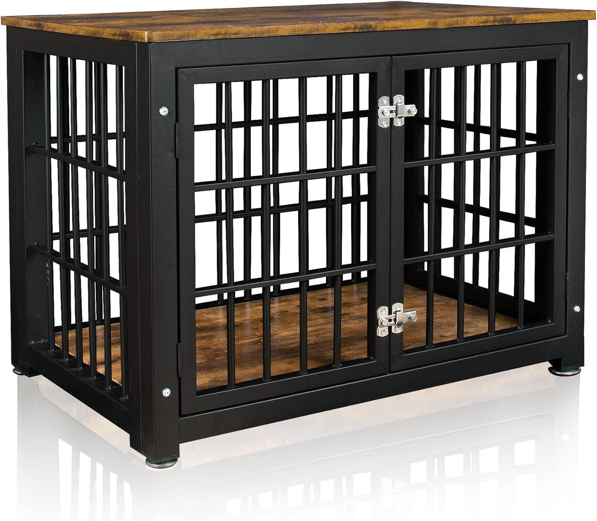 Rustic Brown and Black Wood Dog Crate with Double Doors Z4890