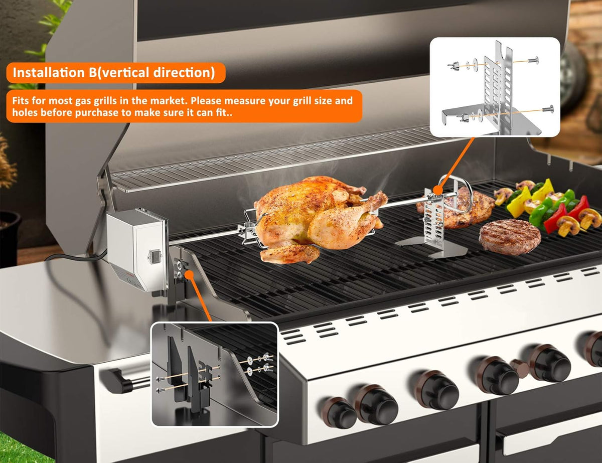 Stainless Steel Rotisserie Kit with 6 Watt 110V Electric Motor for Gas Grills, 28 × 0.35 Inch Hexagon Spit Rod Pack of 2 R8485