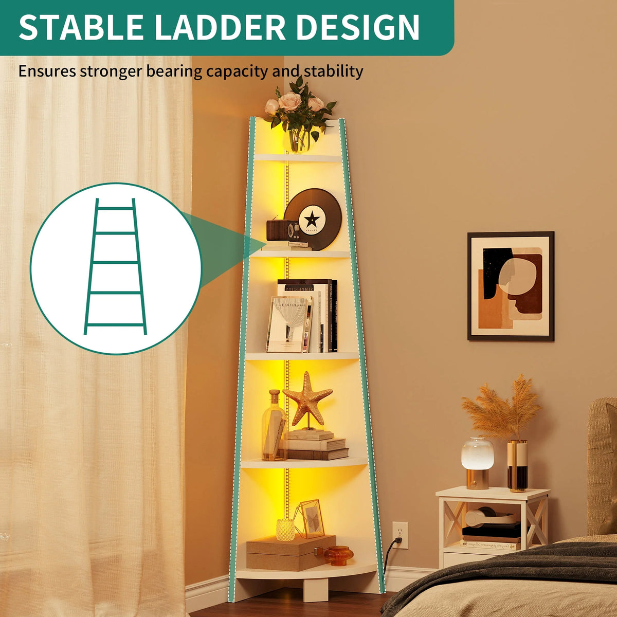 White 5 Tier Corner Shelf with Led Light C924607
