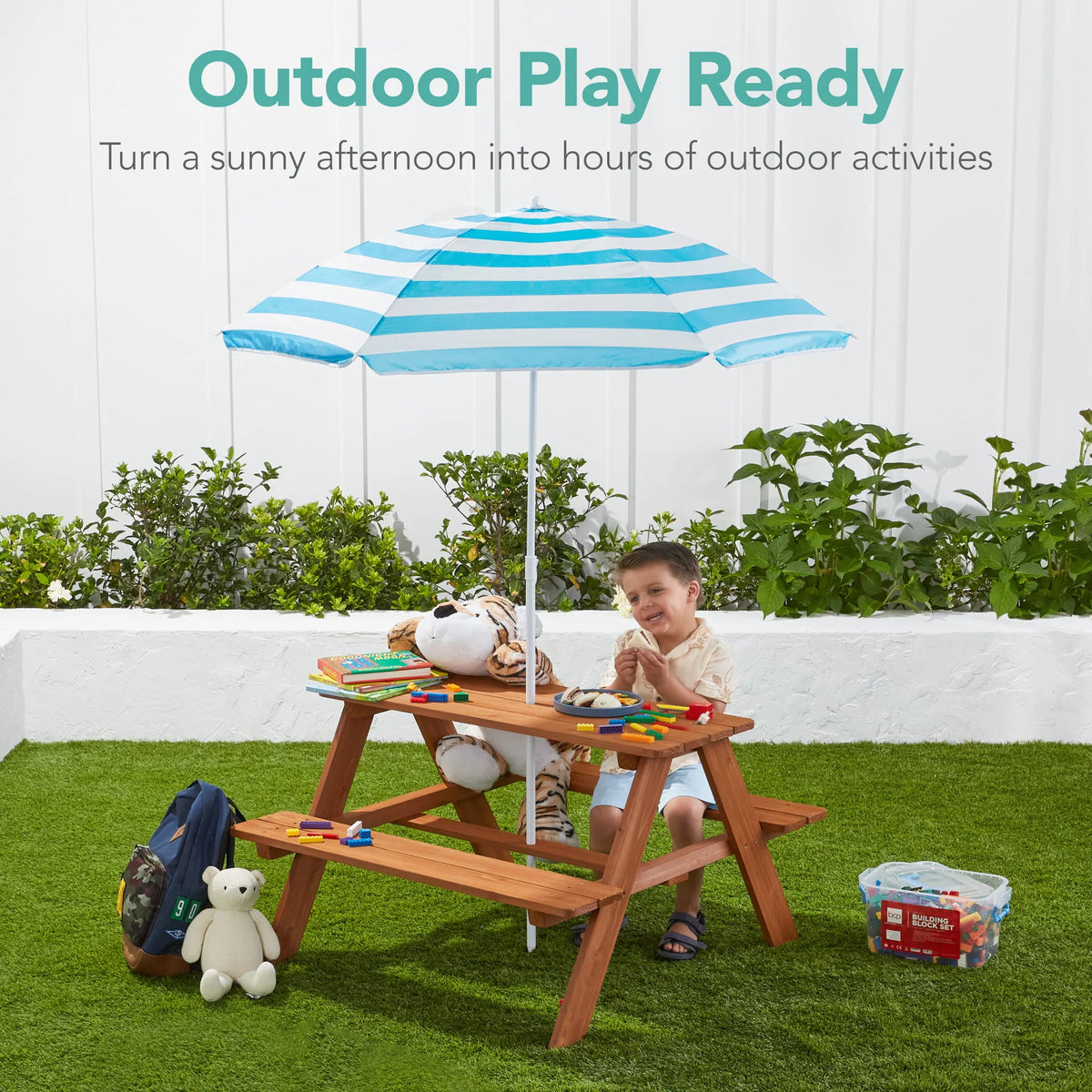 Kids Wooden Picnic Table with Adjustable Umbrella and Built-In Seats L289392