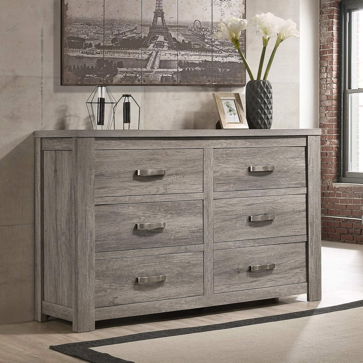 Weathered Gray Wood Queen Panel Bed, Dresser, Mirror, Nightstand, Chest M2510