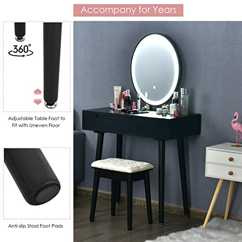 White Vanity Set with Touch Mirror, Cushioned Stool, 2 Sliding Drawers S184521