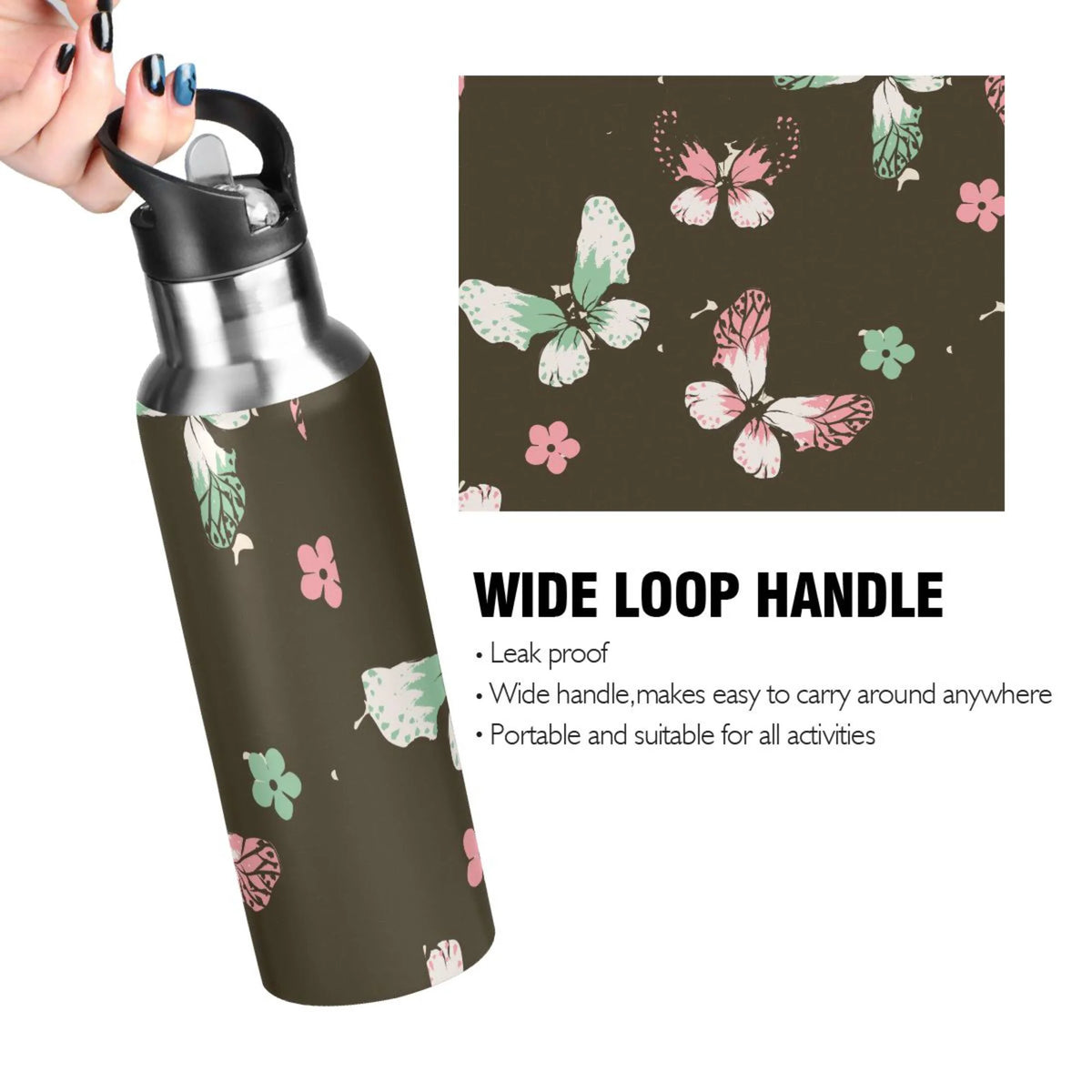 Pink-green Butterfly Leopard Print Stainless Steel Vacuum Insulated Water Bottle with Straw Lid 20 OZ D63662