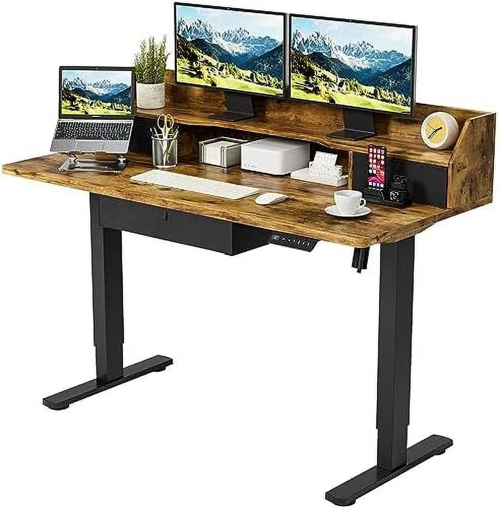 Electric Standing Desk with Triple Drawers 55 x 24 Inch Rustic Brown Z4676