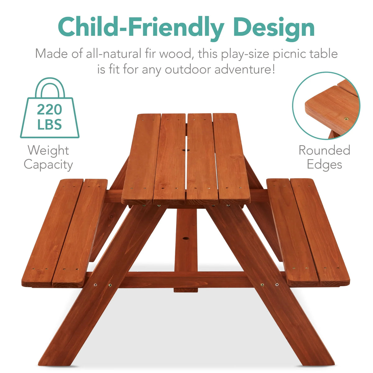 Kids Wooden Picnic Table with Adjustable Umbrella and Built-In Seats L289392