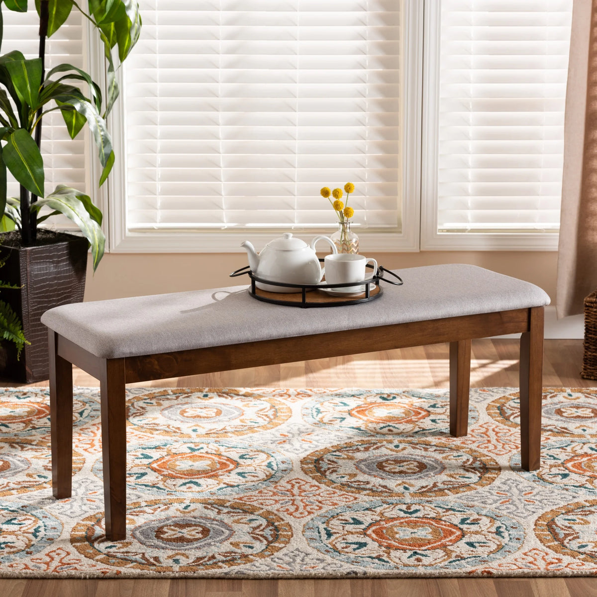 Gray Fabric and Walnut Finished Wood Dining Bench E147896