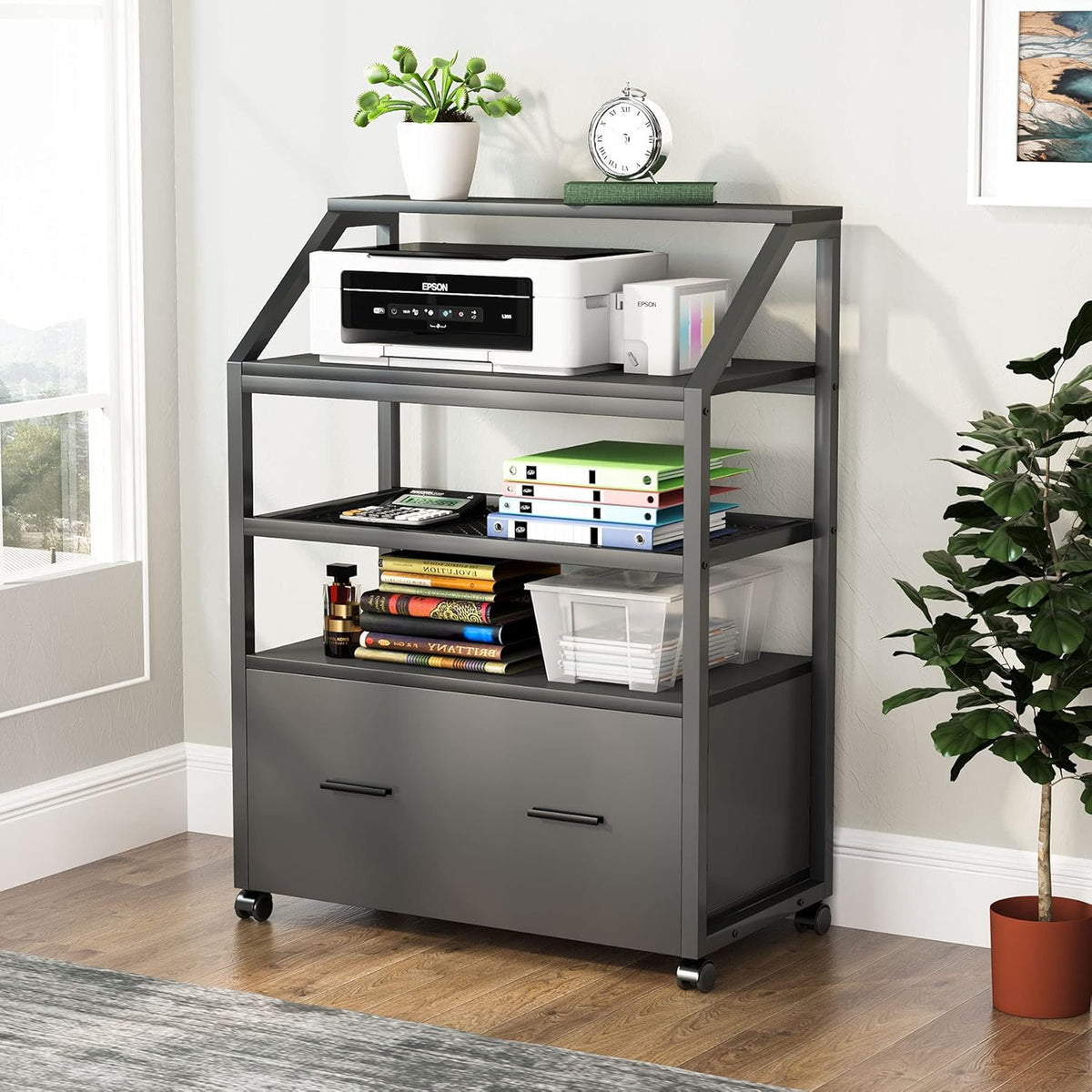 Wood Mobile Filing Cabinet with Storage Shelves Y694
