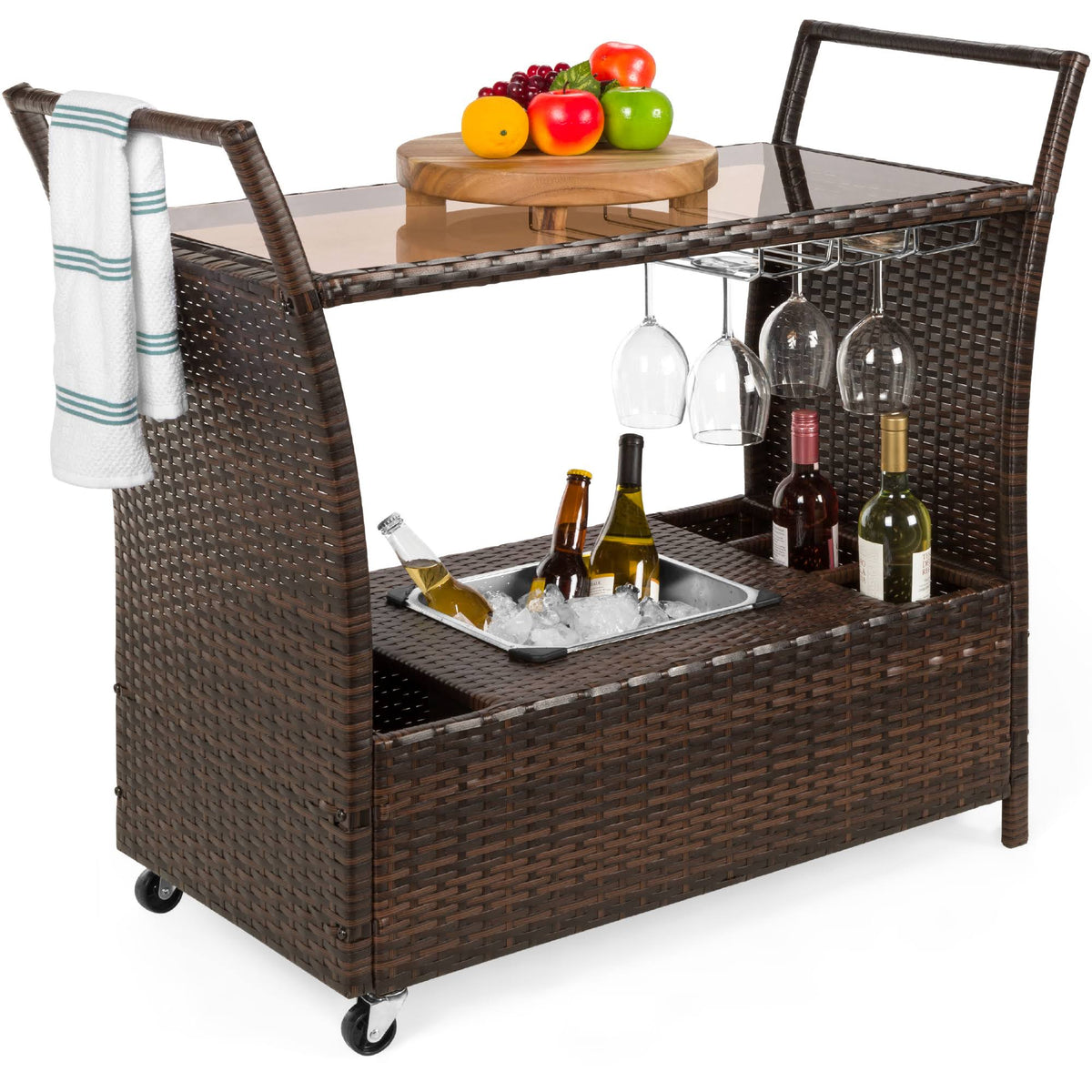 Rolling Wicker Bar Cart with Ice Bucket Y227
