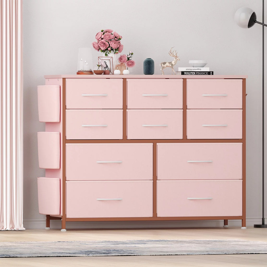 Pink 10 Drawer Fabric Dresser with Wood Tabletop E6537