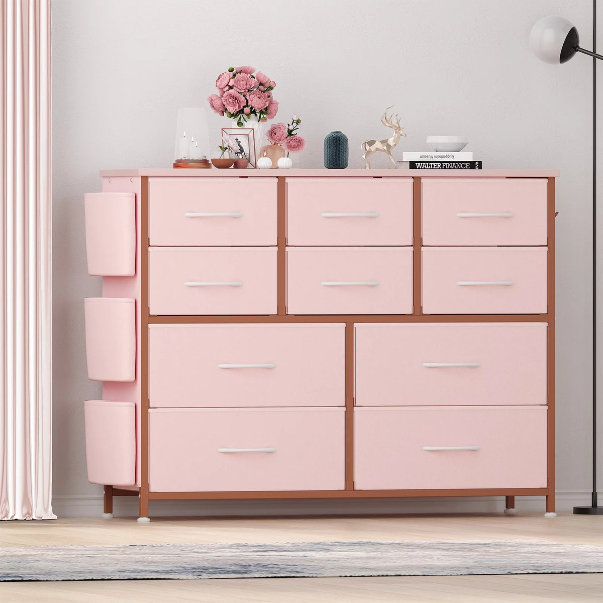 Pink 10 Drawer Fabric Dresser with Wood Tabletop E6537