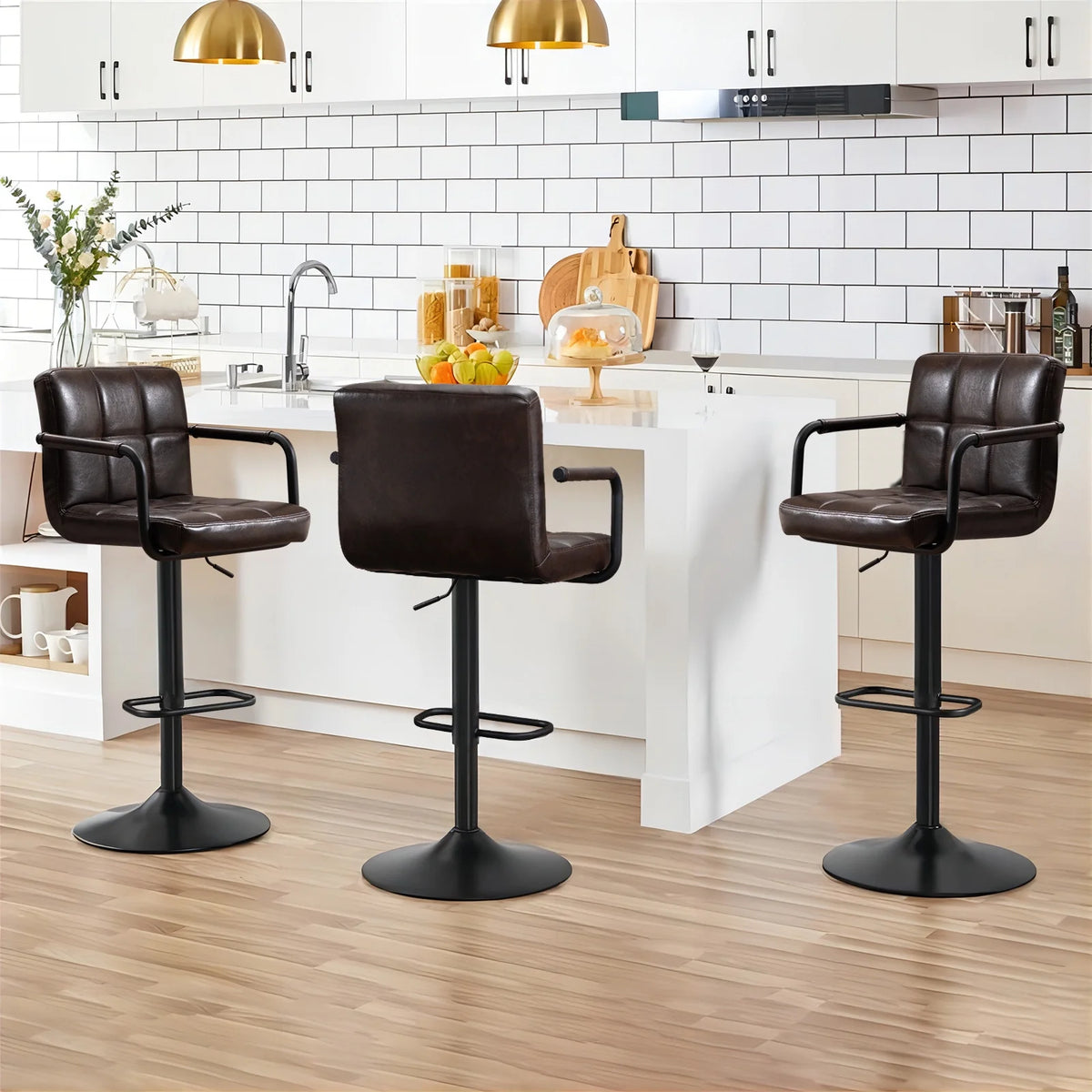 Faux Leather Swivel Bar Stools Set of 2 Adjustable Height R5752