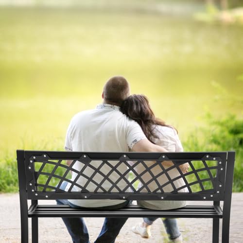 Iron Steel Frame Patio Bench with Mesh Pattern and Plastic Backrest Armrests, Black O36891