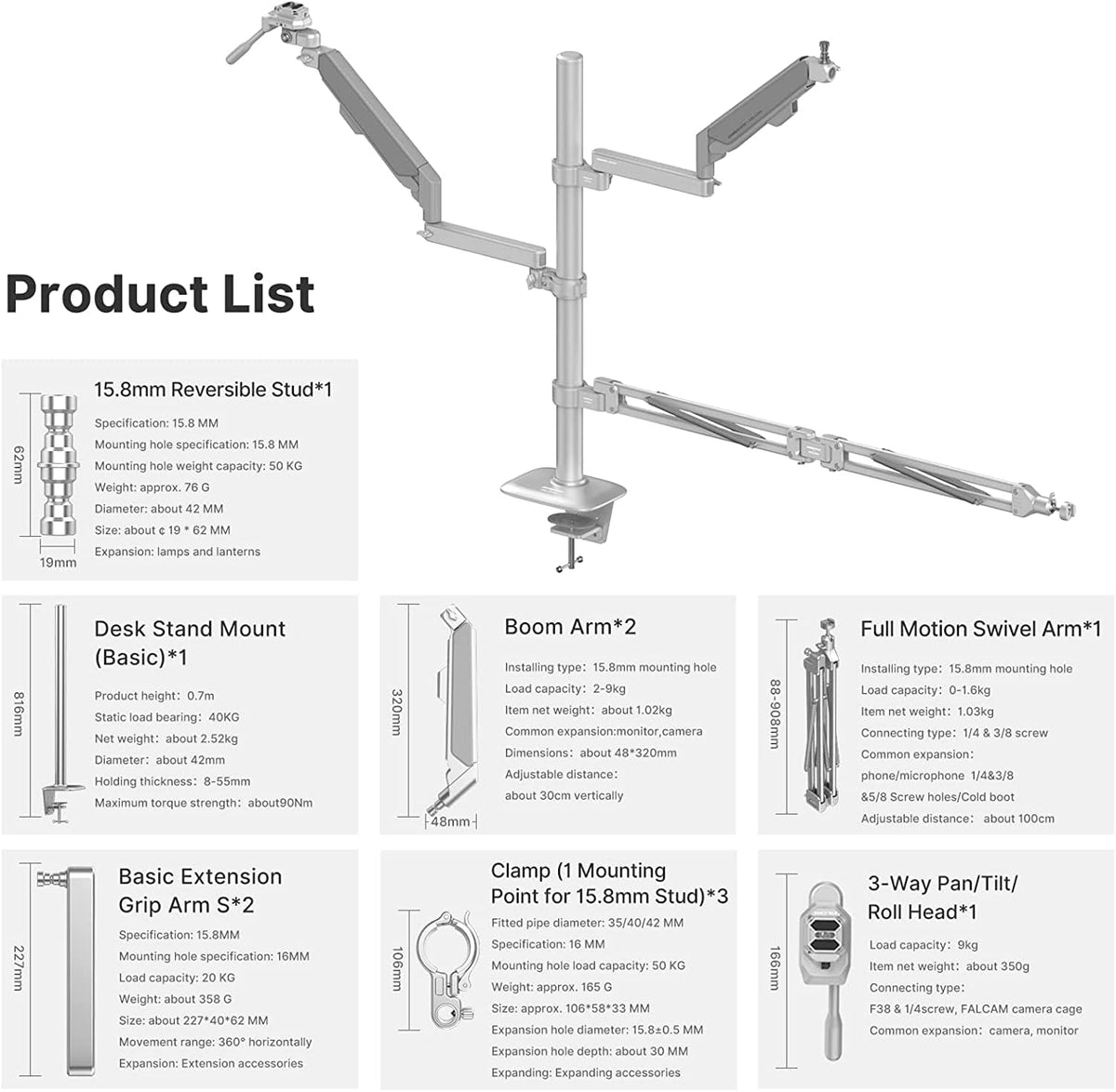 Desk Camera Mount Webcam Stand with Microphone Boom Arm Tripod M980