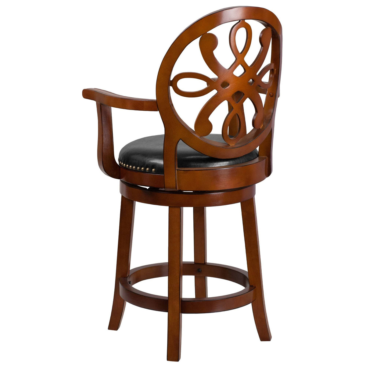 26" High Wood Counter Height Stool with Arms and Black Leather Swivel Seat D624056