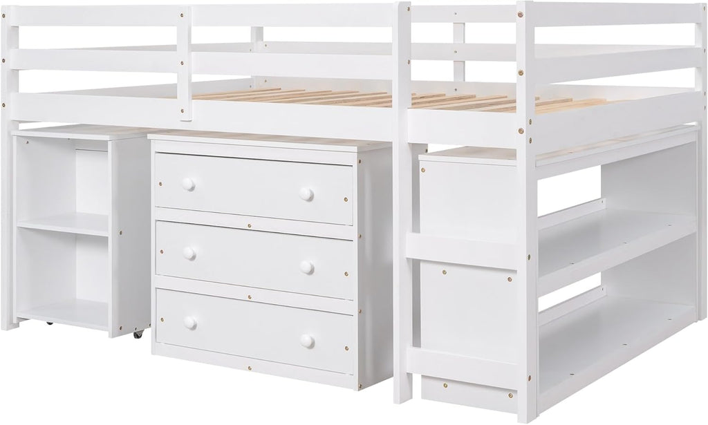 White Full Size Low Loft Bed with Cabinet Shelves and Rolling Portable Desk MDF Pine V36856